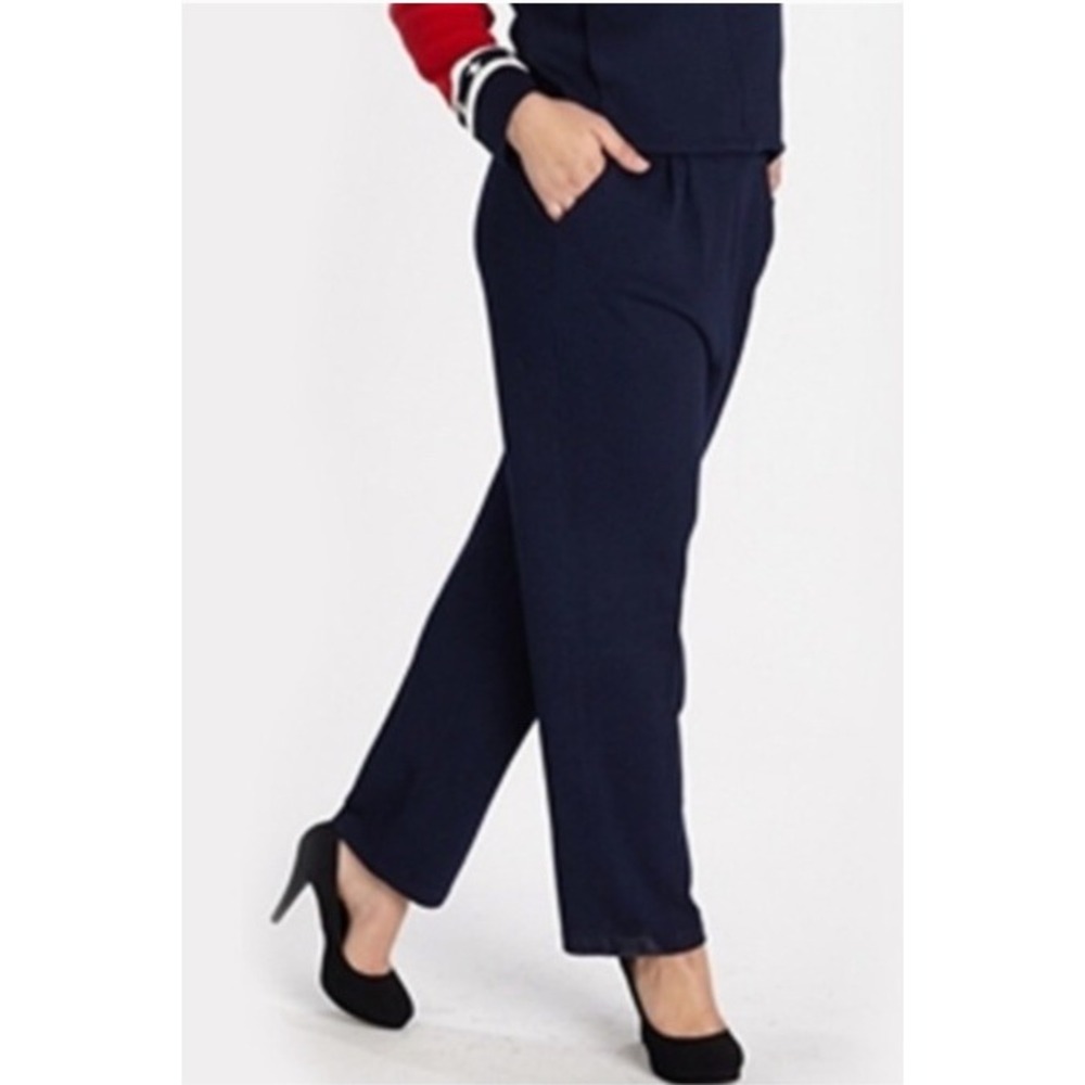 St. John Basics Santana Knit Pleated Pants Womens 12 Navy Blue High Rise Elegant